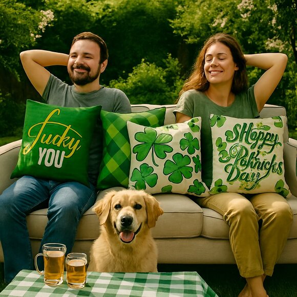 St. Patty’s Day 18x18 Pillow Covers – Green Plaid, Shamrock, Gnome – Set of 4 - Picture 2 of 10